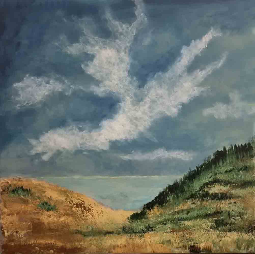 Himmel über dem Tal Landschaftsgemälde mit weitem Himmel und markanten, wolkenartigen Strukturen über sanften Hügeln in Ocker- und Grüntönen