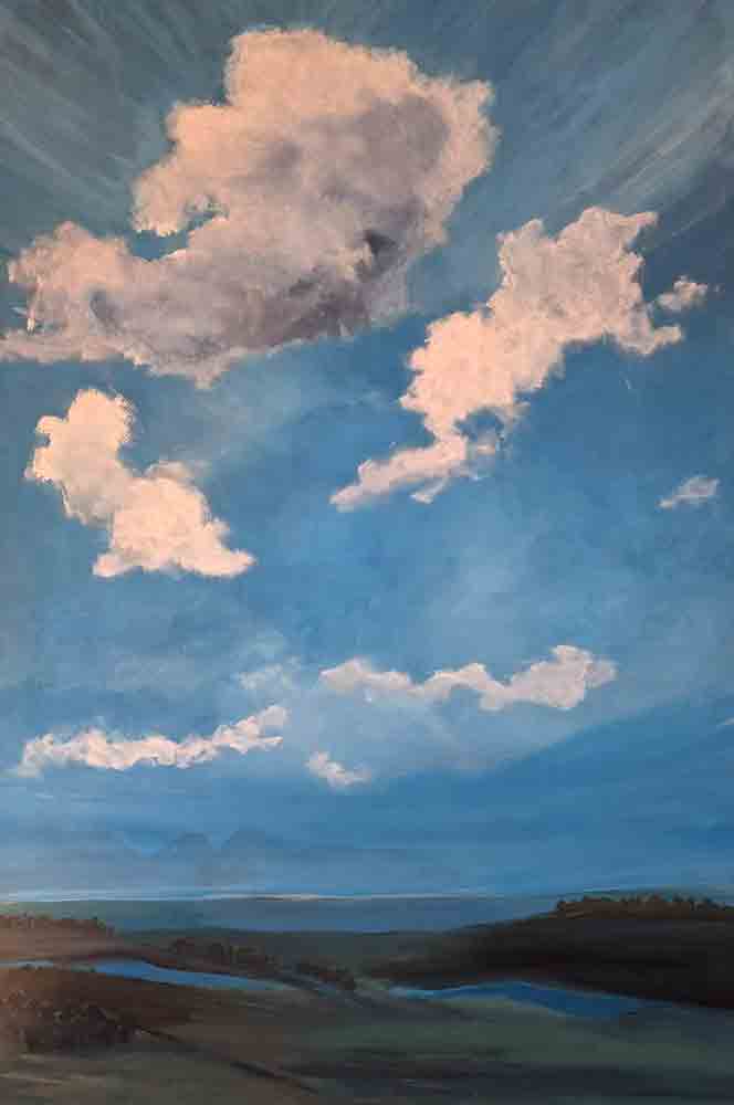 Wolken-2 Landschaftsgemälde mit weitem Himmel und markanten, wolkenartigen Strukturen über sanften Hügeln in Ocker- und Grüntönen