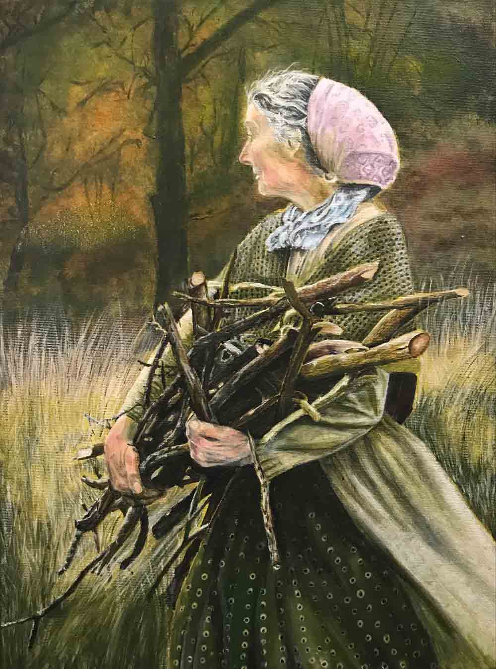 Gemälde einer älteren Frau mit Kopftuch, die im Wald einen Arm voller gesammelter Äste trägt. Im Hintergrund sind Bäume und herbstliche Farben zu sehen.