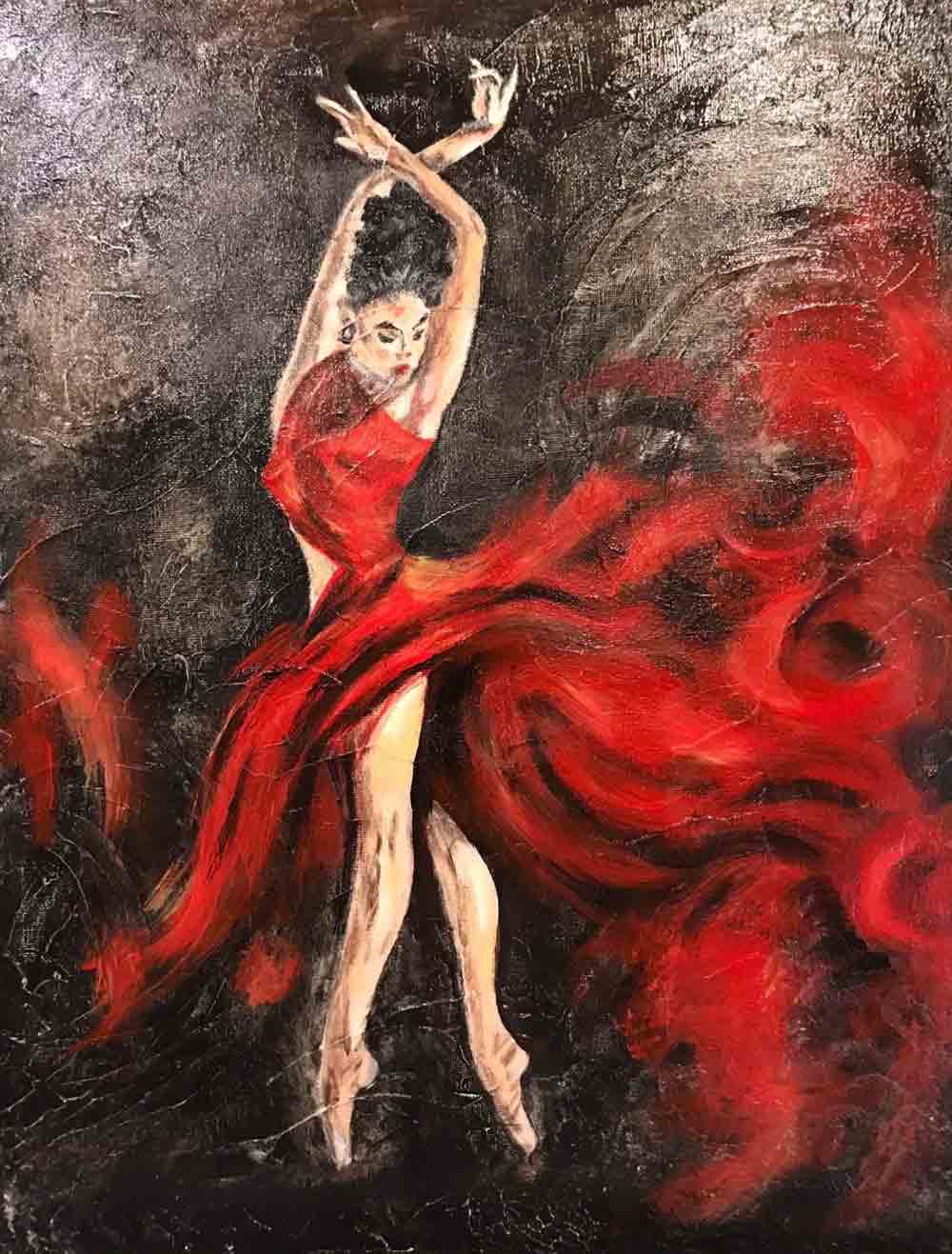 Gemälde einer Tänzerin in einem roten Kleid, die auf Spitzenschuhen tanzt. Das Kleid wirbelt dynamisch um sie herum vor einem dunklen Hintergrund.